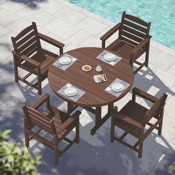 SERWALL 6-Piece Patio Dining Sets, HDPE Outdoor Table and Chairs Furniture Set with Umbrella, 45" Round Dining Table & 4 Dining Chairs & 1 9FT Umbrella, Coffee(Not Include Umbrella Base)