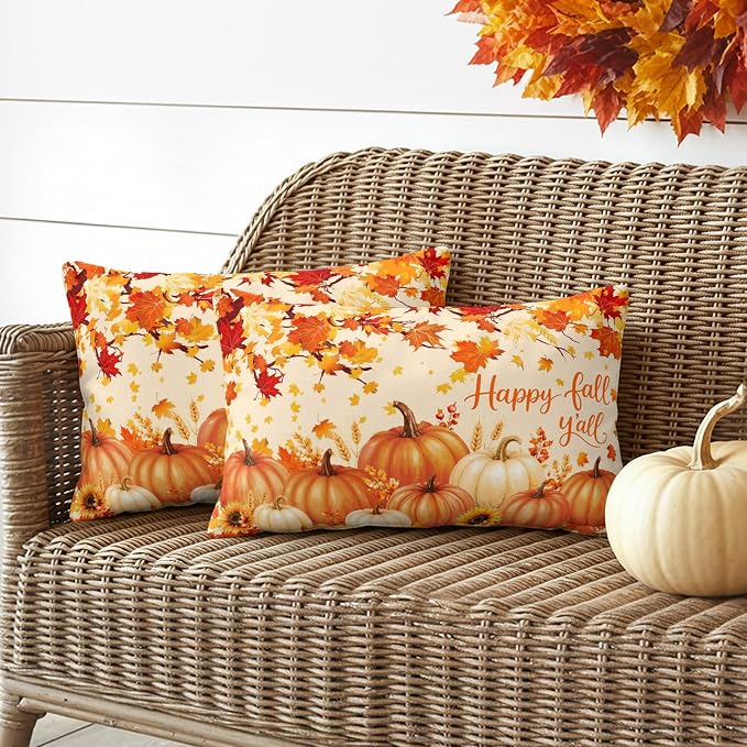 Orange Fall Waterproof Outdoor Pillow Covers 20''x12'' Set of 2, Maple Tree Branch Thanksgiving Pumpkin Patio Cushion Covers for Chairs,Decorative Countryside Leaves Pillow Cases for Garden/Pool/Beach