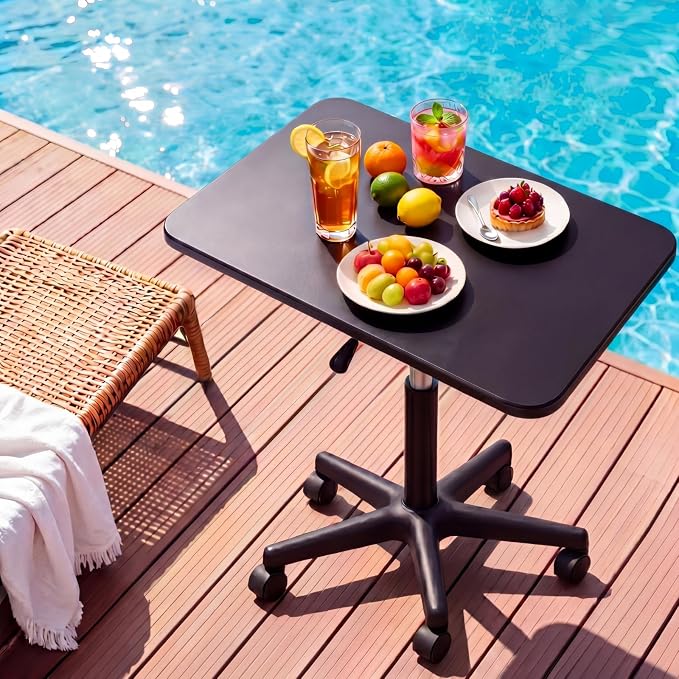 Nuanchu Pool Bar Poolside Table with Wheels 34-43 Inch Adjustable Height Black Outdoor Poolside Table Above Ground Pool Side Bar Towel Rack for Swimming Patio Accessories