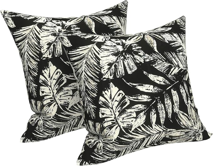 LVTXIII Outdoor Throw Pillows 16x16 Inch, Set of 2 Square Decorative Pillows with Inserts for Patio Furniture, Porch Chair, Garden Sofa, Tropical Leaf Black