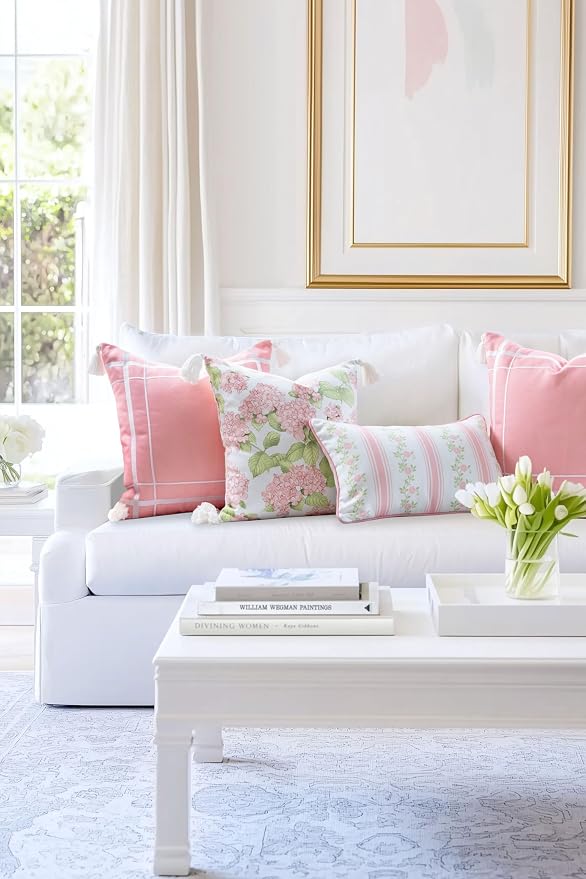 Hofdeco Premium Coastal Patio Indoor Outdoor Lumbar Pillow Cover Only, 12"x20" Water Repellent for Backyard, Couch, Blush Pink Print Stripe Floral