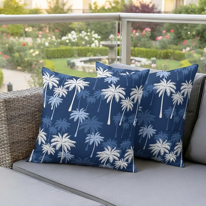 Throw Pillow Covers 20x20 Inch Set of 2, Tropical Palm Tree Waterproof Outdoor Pillow Covers, Navy Blue White Plants Coastal Leaf Decorative Cushion Pillowcases for Couch, Sofa, Bed, Garden, Patio