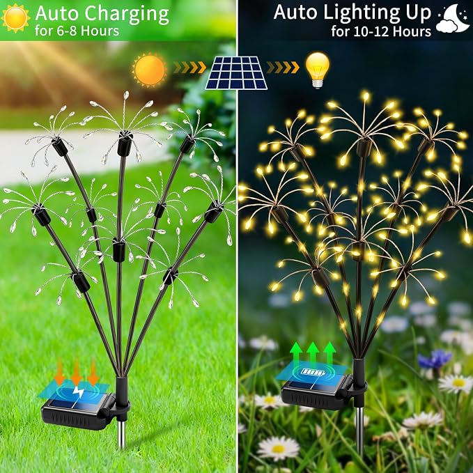 Solar Garden Lights Outdoor, 4 Pack 2-Layer Swaying Fairy Firework Lights | Waterproof Starburst Flower Light, Garden Decor for Yard Patio Pathway Lawn, Gardening Gifts for Women Mom Grandma Christmas