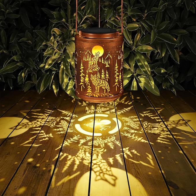 Wolf Solar Lanterns Hanging Waterproof Garden Decor Gifts for Women | Metal Solar Lights Outdoor Decoration for Outside LED Lanterns for Yard Patio Lawn Pathway Birthday Gifts for Mon Grandma