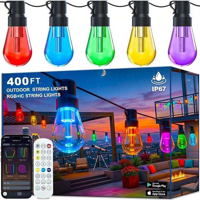 Outdoor String Lights,400FT Smart RGB+IC Patio Lights with Shatterproof LED Bulbs ,Outside Light Dimmable Patio for Decor DIY IP67 Waterproof ,Courtyard, garden,Holiday,LED lights more Scene Modes