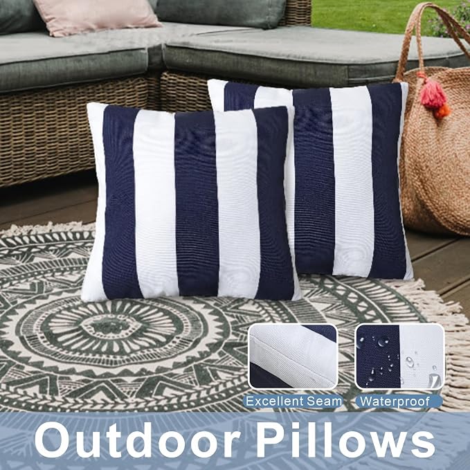 JMGBird 18x18 Blue with White Throw Pillows with Inserts Included | Pack of 2 Decorative Pillows with Inserts - 18x18 Water-Resistant Navy Blue with White Stripe Outdoor Throw Pillows