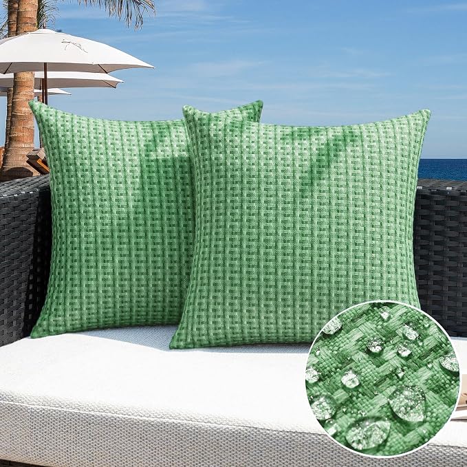 Kevin Textile Outdoor Waterproof 24"x24" Pillow Covers 2 Pack, Sage Green | Water Resistant Weaving Faux Linen Texture Throw Pillow Covers, Outside Decorative Pillowcases for Garden Patio Balcony Couch