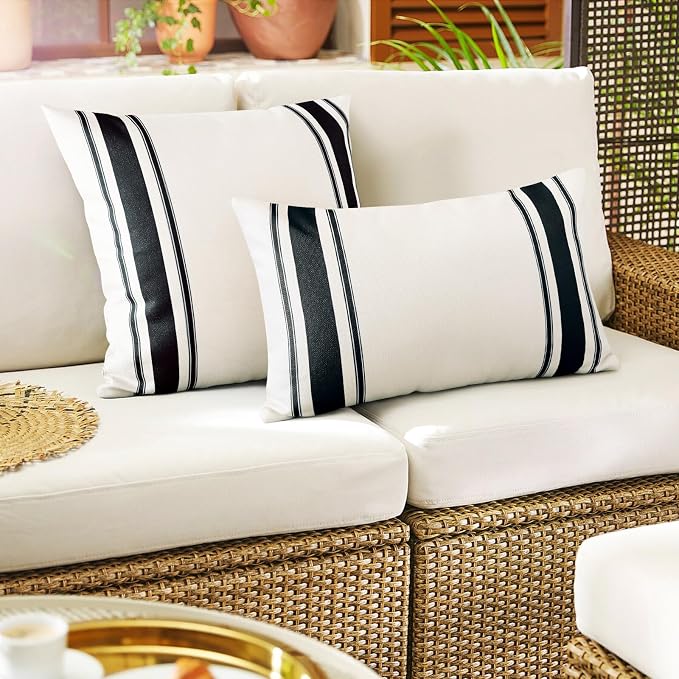 OTOSTAR Pack of 2 Outdoor Waterproof Decorative Pillow Covers 12x20 Inch Linen Geometry Pillowcases Cushion Case Garden Throw Pillow Covers Pillows Shell for Patio Furniture Couch Tent Balcony (Black)