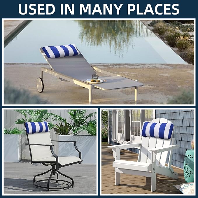 Outdoor Pillow for Chaise Lounge Chair, 2pcs Striped Chaise Lounge Pillows, Adjustable Strap Head Lumbar Pillow for Patio Pool Beach Office, Dark Blue