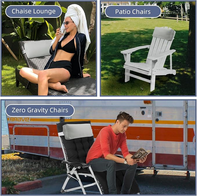 Outdoor Pillow for Chaise Lounge Chair, 4 Pack Chaise Lounge Pillows Water Resistant Head Support Pillow with Adjustable Strap for Patio Garden Pool Beach Chairs, Gray