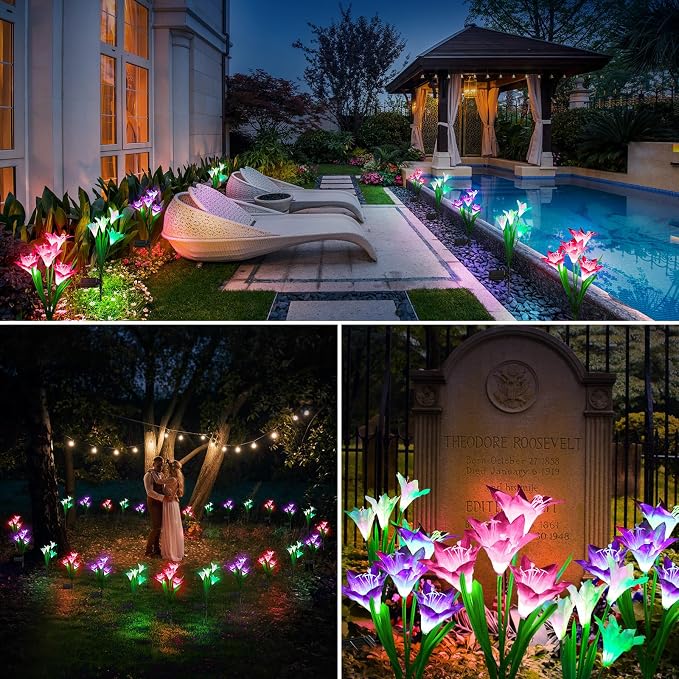 KOOPER Outdoor Solar Lights, 10 Pack Solar Garden Light with Bigger Lily Flowers, Waterproof 7 Color Changing Solar Lights Outdoor - Bigger Panel for Patio Yard Garden Decoration, Gift for Mom