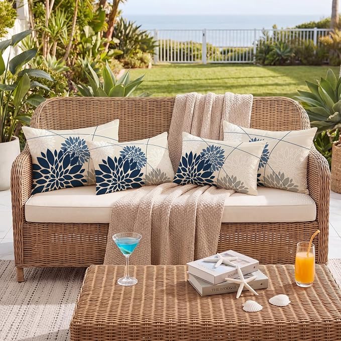 OTOSTAR Outdoor Dark Blue Light Blue Pillow Covers 16x24 Inch Set of 2 White Flower Throw Pillows Farmhouse Geometric Dahlia Floral Lumbar Cushion Case Waterproof Decor for Sofa Patio Funiture Garden