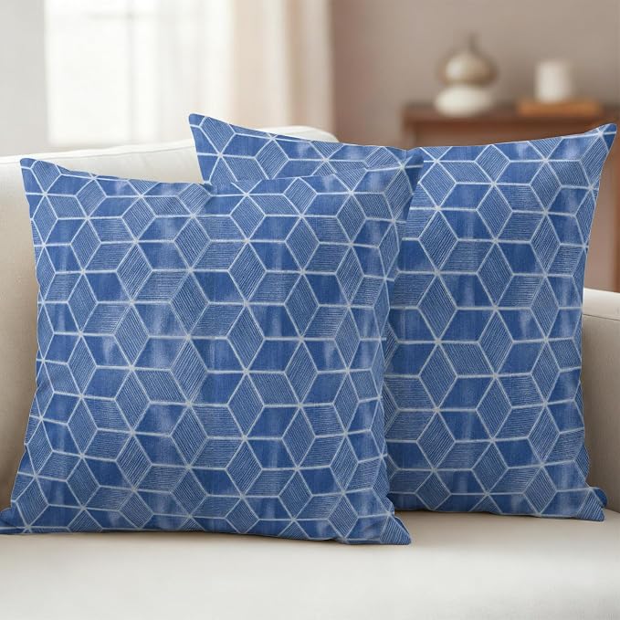 Blue Honeycomb Tiling Waterproof Outdoor Pillow Covers Set of 2 Home Decor, Wooden Grain Blocks Pillowcase Patio Pillow Covers for Couch Bench Patio Furniture Garden 18x18in