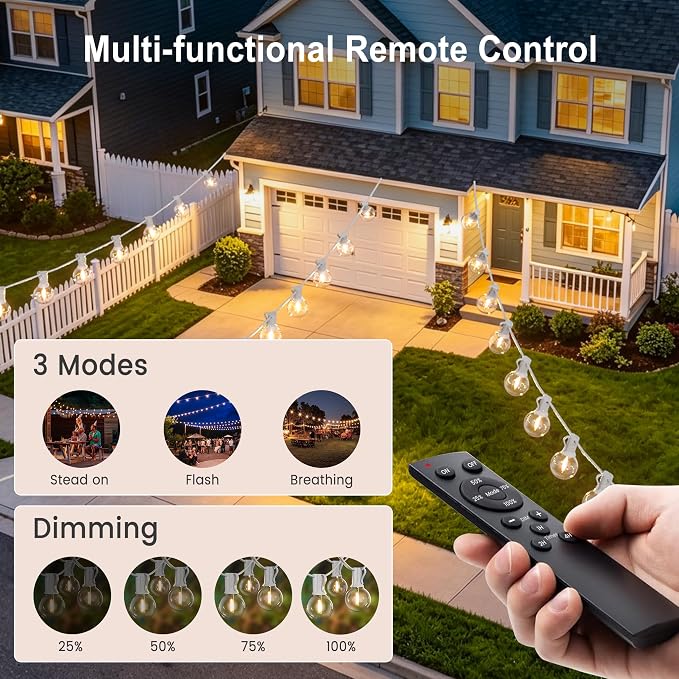 Outdoor-String-Lights with Remote 75FT Waterproof lights for Outside Patio | 1FT Bulbs Spacing,White Cord String Lights, Connectable Dimmable Patio Lights with Remote,Timer, 3 Modes for Backyard, Bistro