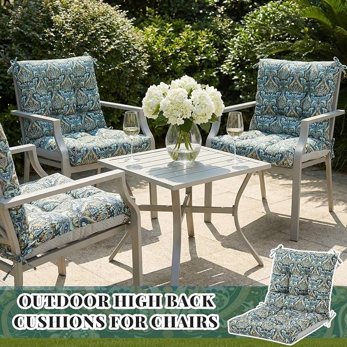 Marsui 4 Pcs Outdoor Indoor High Back Chair Cushions Patio Furniture Tufted Pillow with Ties Water-Resistant Replacement Outdoor Rocking Chair Cushions, 42 x 21 Inches (Blue,Paisley)