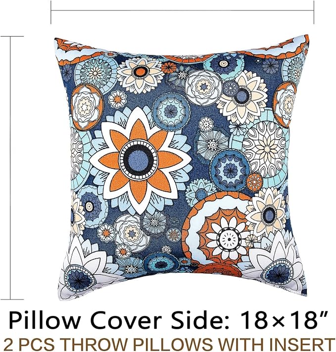 JMGBird Outdoor Throw Pillows Waterproof Outdoor Pillow Covers with Inserts | Outdoor Pillows with Inserts - 18x18 Waterproof Throw Pillows for Patio Furniture, Navy Blue Sunflower Decorative Cushions