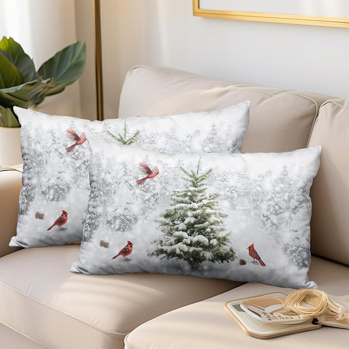 Winter Christmas Lumbar Pillow Covers 12x20 Set of 2 Snowy Natural Forest Rectangle Pillowcase Green Pine Tree with Cardinal Birds Waist Cushion Case for Couch Living Room Patio