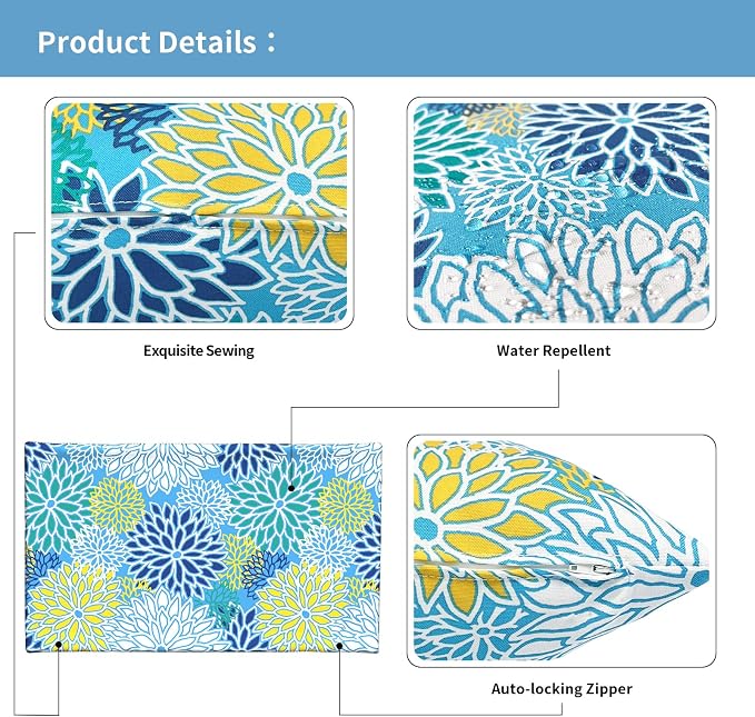 Outdoor Lumbar Pillow Covers 12”x20”, Rectangle Throw Pillow Covers for Patio Furniture, Decorative Lumbar Cushion Case for Garden Balcony Couch Office Chair, Pack of 2, Dahlia Blue