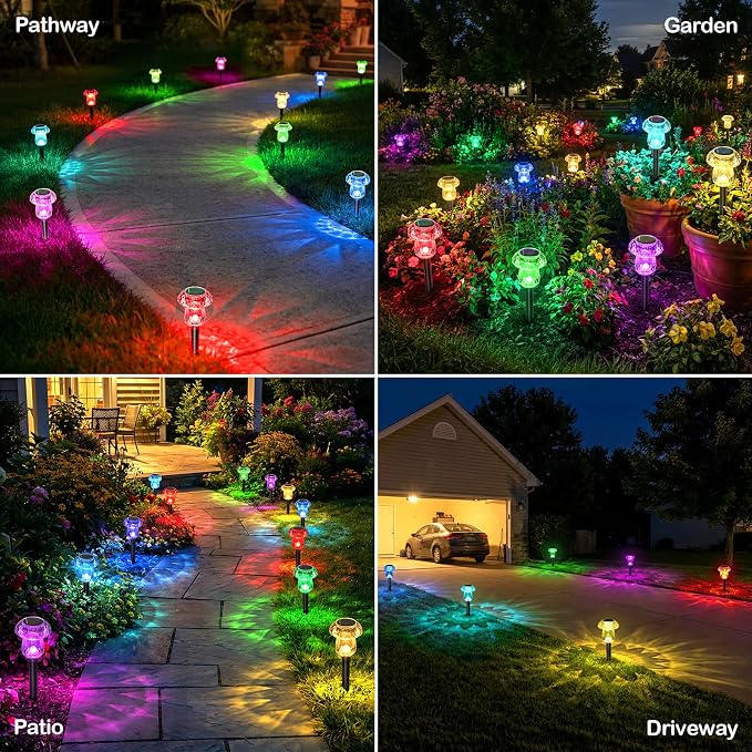 Solar Lights Outdoor 8 Pack Color Changing Mushroom Garden Lights | Waterproof Pathway Yard Walkway Landscape Path Lighting for Outside, Auto On/Off Decorations, Acrylic Diamond-like Lampshade
