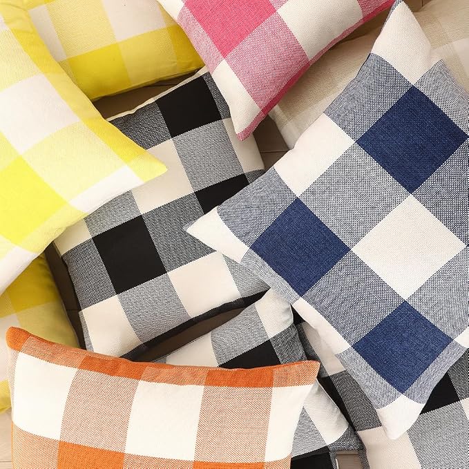 CARRIE HOME Light Blue and White Buffalo Check Plaid Lumbar Pillow Covers 12x20 Set of 2, Light Blue Checkered Summer Outdoor Lumbar Pillows, Lake Blue Couch Pillows Also for Patio Furniture
