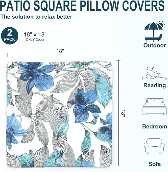DYTXIII Pack of 2 Outdoor Waterproof Pillow Covers ONLY, 18"x18" Square Decorative Double Printed Throw Pillow Cases for Patio Couch Porch Furniture, Clemens Noir Blue