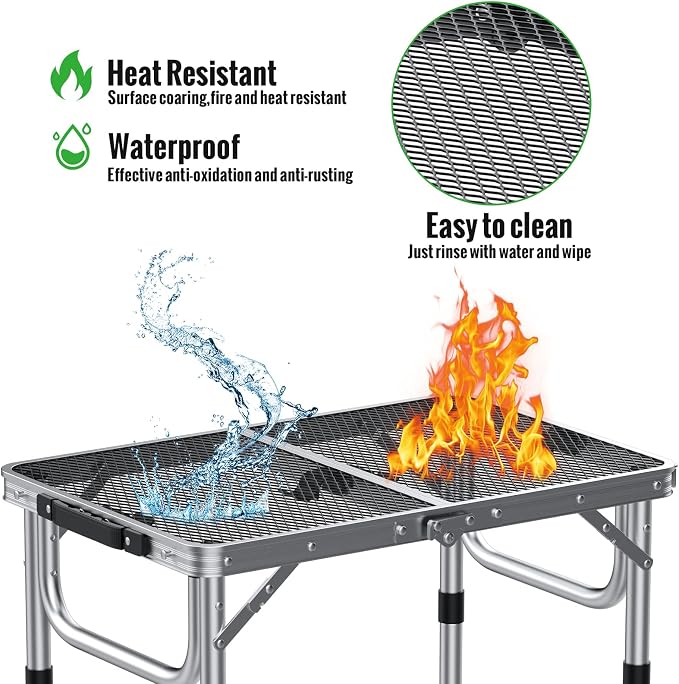 GARLLEN 2ft Folding Grill Table, 3 Adjustable Height Folding Camping Table with Heat-Resistant Mesh Tabletop, Portable Aluminum Picnic Tables for BBQ, Camping, Outdoor, 22.8" L x 15.7" W