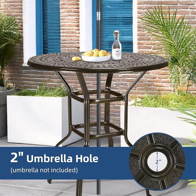 Outdoor Cast Aluminum Bar Table, 38.5" Patio Bar Height Table with 2" Umbrella Hole, All Weather High Top Bistro Round Dining Table for Outside Deck Porch Balcony Poolside, Dark Bronze