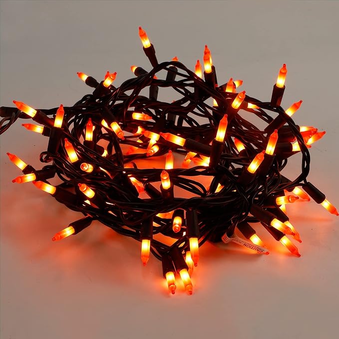 Halloween Lights, 29ft 150 Count Black Wire Incandescent Christmas Mini Lights, 120 V High-Voltage UL Certified Clear Light String Connectable, for Indoor Outdoor Patio Tree Party Home Decor, Orange