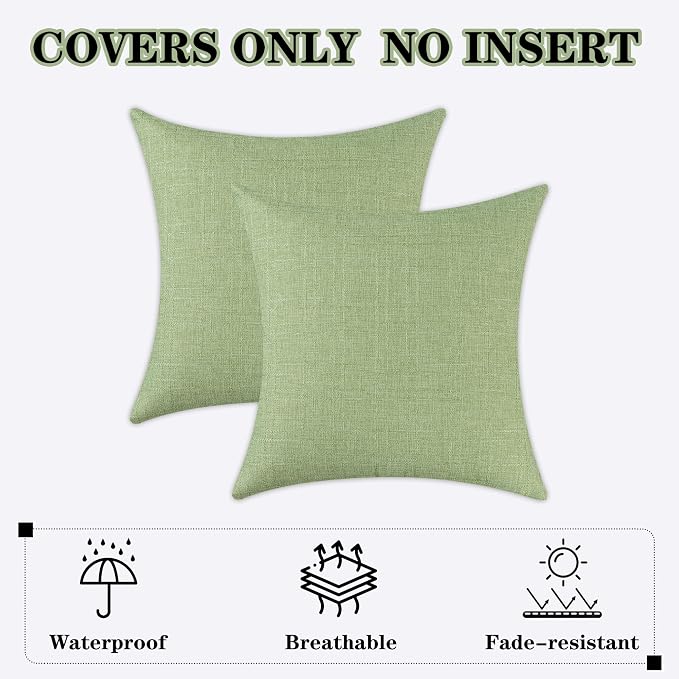 Kevin Textile Outdoor Waterproof 16”x16” Pillow Covers 2 Pack, Sage Green | Water Resistant, Soft Faux Linen-cotton Yarn-dyed Woven Texture Throw Pillow Covers for Tent Patio Garden Couch Sofa