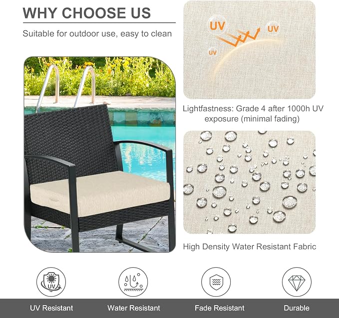 Aoodor Patio Chair Cushions Set of 4, 21 x 21 x 4 Inch Water Resistant Outdoor Seat Cushions with Handle and Ties, Square Corner Cushions for Patio Furniture Garden Lawn, Khaki