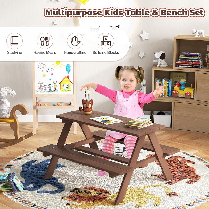 HONEY JOY Kids Picnic Table, Toddler Outdoor Table & Bench Set, Wooden Children Patio Furniture with Folding Umbrella, Kids Picnic Tables for Outdoors, Gift for Boys Girls