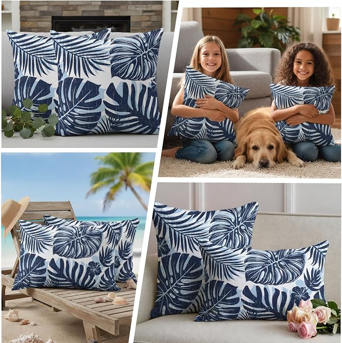 Navy Blue Palm Leaves Outdoor Pillow Covers 24"x24" Set of 2, Tropical Botanical Minimalist Modern Waterproof Throw Pillow Covers for Patio Furniture, Decorative Cushion Covers for Porch
