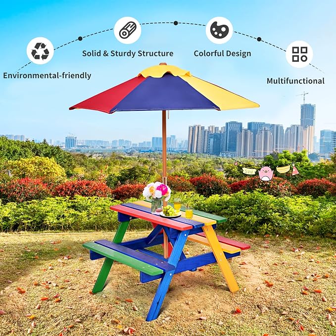 HONEY JOY Kids Picnic Table, Fir Wood Toddler Outdoor Table and Bench Set with Foldable & Removable Umbrella, Kids Picnic Tables for Outdoors, Backyard Furniture for Kids(Colorful)