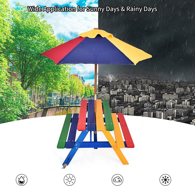 HONEY JOY Kids Picnic Table, Fir Wood Toddler Outdoor Table and Bench Set with Foldable & Removable Umbrella, Kids Picnic Tables for Outdoors, Backyard Furniture for Kids(Colorful)