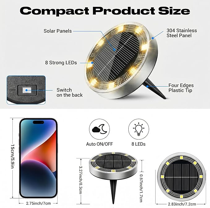 Solar Ground Lights Outdoor, 18 Pack Flat Solar Powered Disc Lights, IP68 Waterproof, Anti-Rust, Landscape Lighting for Pathway Garden Yard Lawn Walkway Landscape Driveway, Mini, Warm White