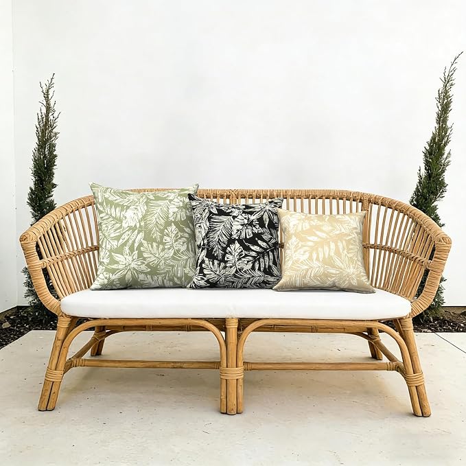 Outdoor Throw Pillow Covers 18x18 Inch, Decorative Pillow Covers for Patio Furniture, Tropical Leaf Black Modern Cushion Cases for Garden Couch Home Sofa, Pack of 2
