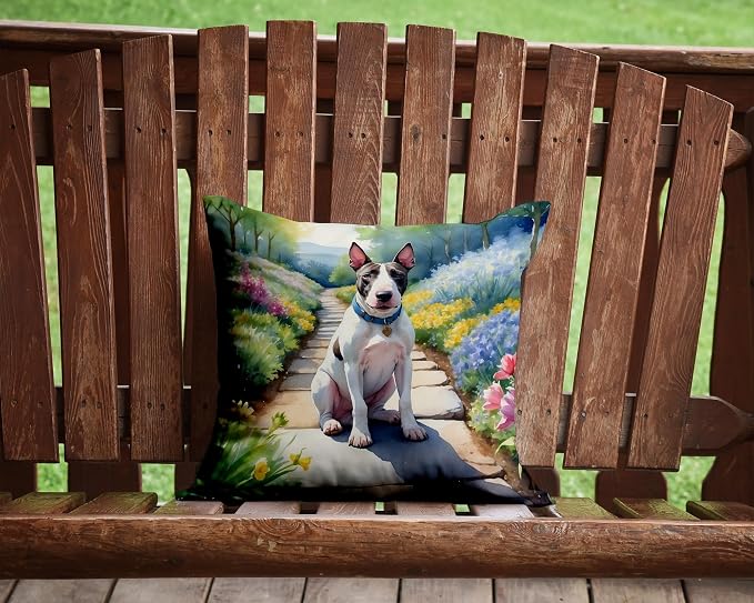 Caroline's Treasures Bull Terrier Spring Path Throw Pillow Machine Washable, Indoor Outdoor Decorative Pillow for Couch, Bed or Patio, 14Hx14W