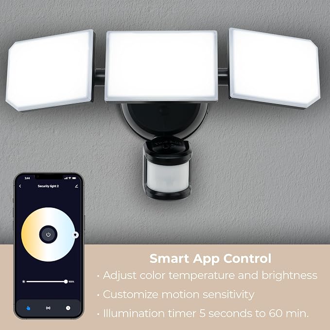 Guardian SMART Flood and Security Wall Light with 3 Lights 3,400 Lumens 30 Watts and Programmable Motion and Photo Sensor in Black, Works with Android or iOS