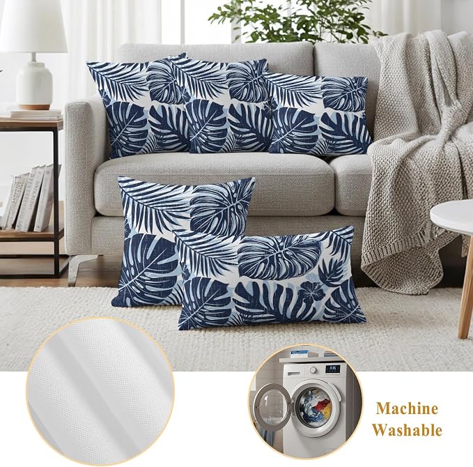 Navy Blue Palm Leaves Outdoor Pillow Covers 24"x24" Set of 2, Tropical Botanical Minimalist Modern Waterproof Throw Pillow Covers for Patio Furniture, Decorative Cushion Covers for Porch