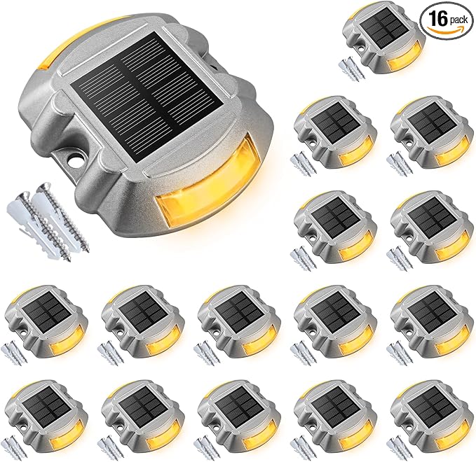 VOLISUN Solar Deck Driveway Dock Lights,Solar Pathway Lights,Warm 16 Pack | Solar Powered LED, IP68 Waterproof Led Outdoor Warning Step Marine Lights for Sidewalk Garden Yard