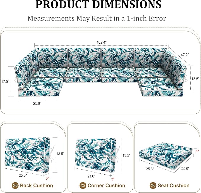 14pc Waterproof Outdoor Couch Cushions for 6 Seat Patio Hawaiian Leaves | Water-resistant, UV-resistant,14pc High-Density Foam Replacement Cushions for 6-Seat Outdoor Sectional Furniture