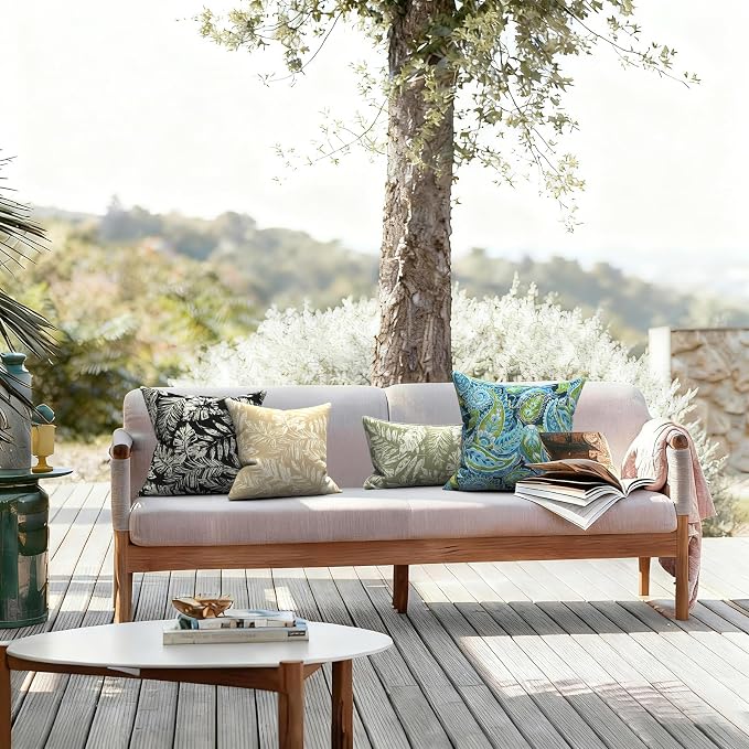 LVTXIII Outdoor Throw Pillows 16x16 Inch, Set of 2 Square Decorative Pillows with Inserts for Patio Furniture, Porch Chair, Garden Sofa, Tropical Leaf Oat
