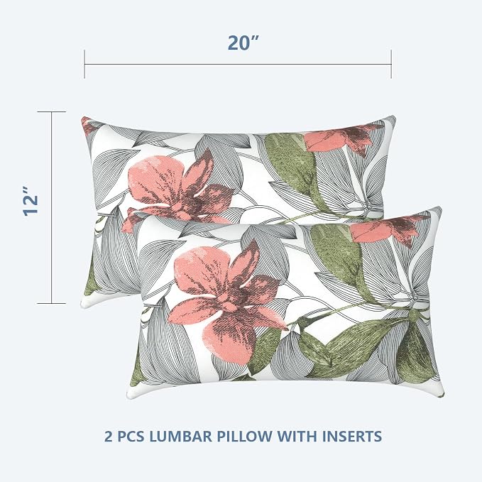 LVTXIII Outdoor/Indoor Lumbar Pillows, Decorative Patio Lumbar Cushions, Fluffy Water Repellent Garden Cushions for Home Patio Coach Sofa Use, 12×20 Inch, Pack of 2, Clemens Noir Pink