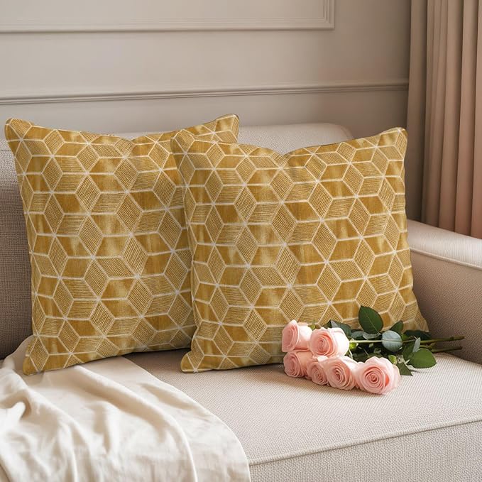 Tan Honeycomb Tiling Waterproof Outdoor Pillow Covers Set of 2 Home Decor, Wooden Grain Blocks Pillowcase Patio Pillow Covers for Couch Bench Patio Furniture Garden 16x16in