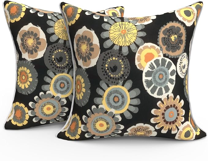 Outdoor Throw Pillow Covers Pack of 2, Decorative Water Repellent Square Pillow Cases with Piping 18x18 Inch, Black Yellow Crosby