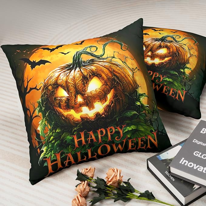 Happy Halloween Pillow Covers Moon Bat Pillow Cases Spooky Pumpkin Throw Pillow Covers 20x20 Set of 2 Jack-O'-Lantern Cotton Blend Cushion Cases for Home Farmhouse Sofa Couch