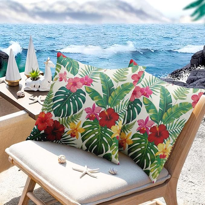 Throw Pillow Covers, Tropical Floral, 18 x 18 Inch, Set of 2 | Hawaiian Botanical Outdoor Waterproof Square Pillowcase Cushion Case Farmhouse Garden Decorative for Couch Beach Patio