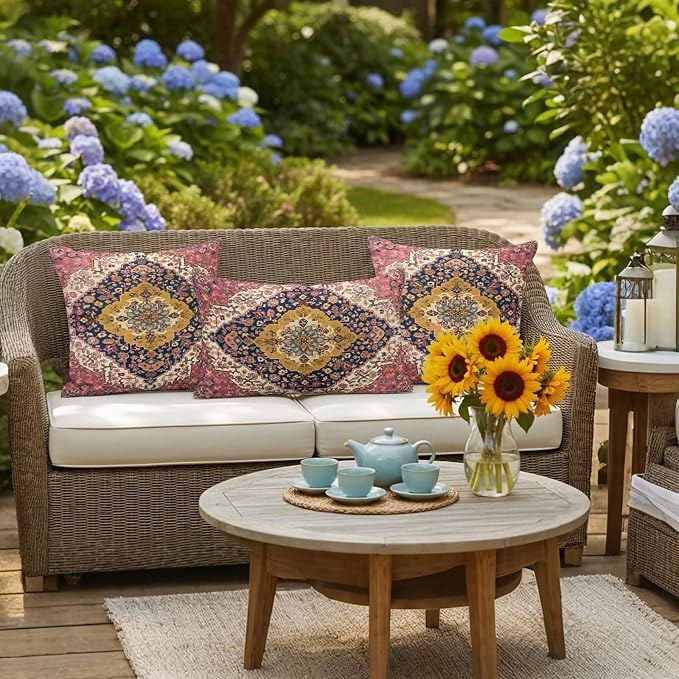 Southwest Aztec Waterproof Outdoor Pillow Covers Set of 2 Home Decor, Boho Tribe Traditional Floral Patterned Pillowcase Patio Pillow Covers for Couch Bench Furniture Garden 24x24in