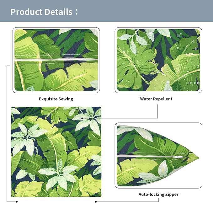 Outdoor Throw Pillow Covers 18x18 Inch, Decorative Pillow Covers for Patio Furniture, Jungle Leaves Modern Cushion Cases for Garden Couch Home Sofa, Pack of 2