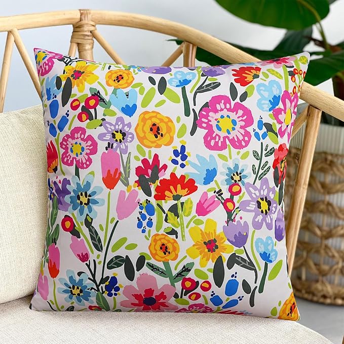 Adabana Outdoor Waterproof Floral Pillow Covers 18x18 Inch | Colorful Outdoor Pillow Covers Summer Decirative for Patio Furniture Porch Garden Pillows